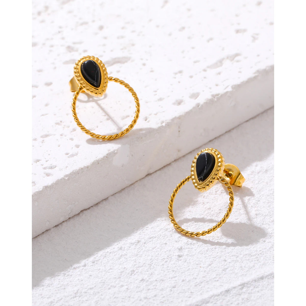 YACHAN Vintage Luxury Natural Stone Stainless Steel Stud Earrings for Women Simple Geometry 18K Gold Plated Waterproof Jewelry