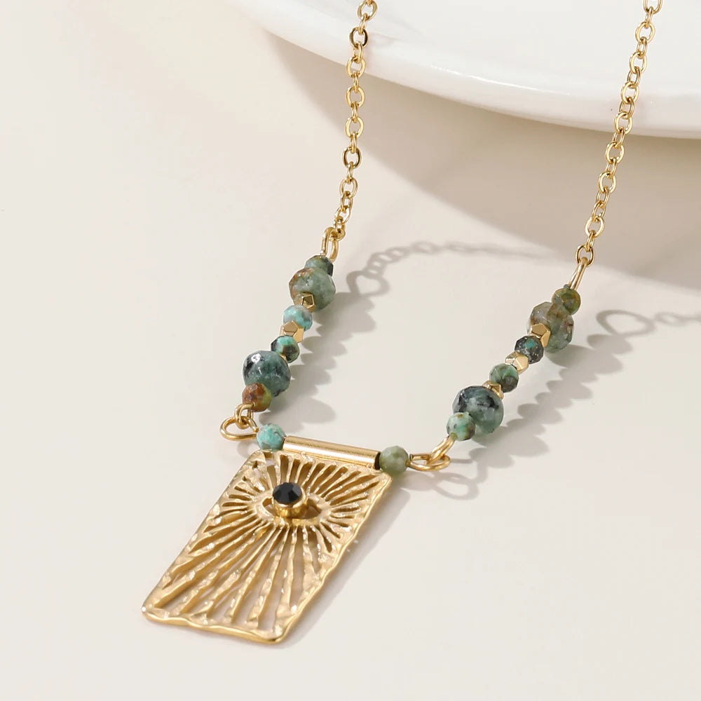 YACHAN Stainless Steel Beaded Chains Splice Eye Necklaces for Women Turquoise Natural Stone 18K Gold PVD Plated Trendy Jewelry