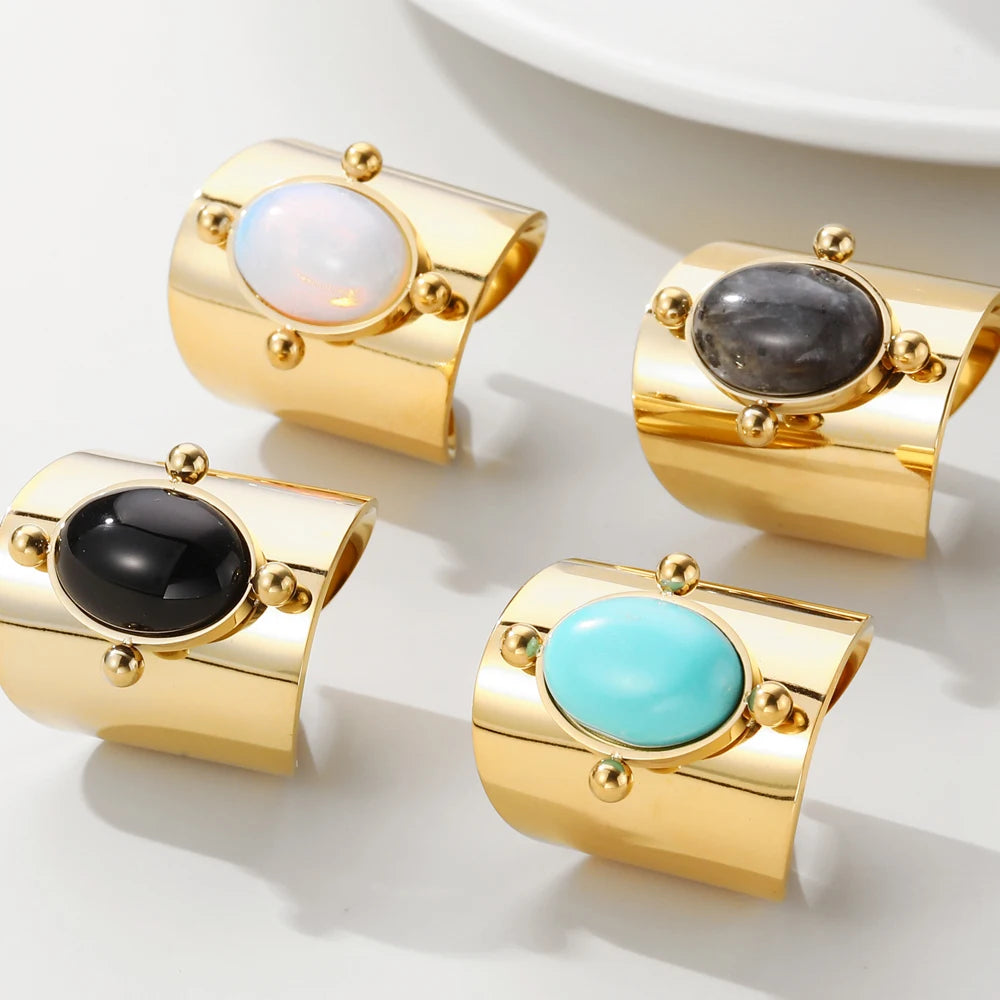 YACHAN Water Proof Stainless Steel Glossy Ring for Women Green Natural Stone Opening Gold Plated Rope Rings Trendy Jewelry Gift