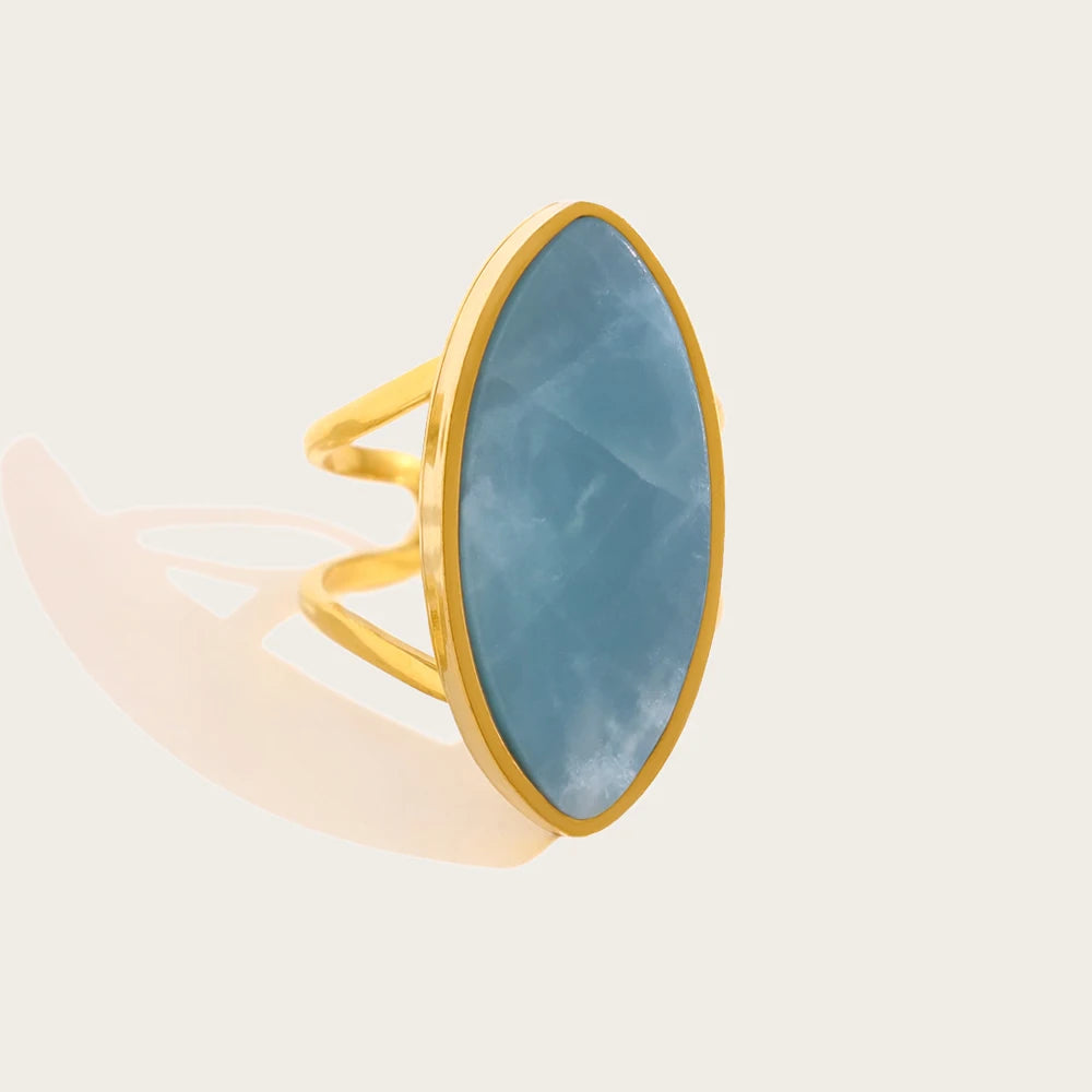 YACHAN Vintage Luxury Natural Stone Stainless Steel Ring for Women Blue Charm 18K Gold Plated Trendy Waterproof Jewelry