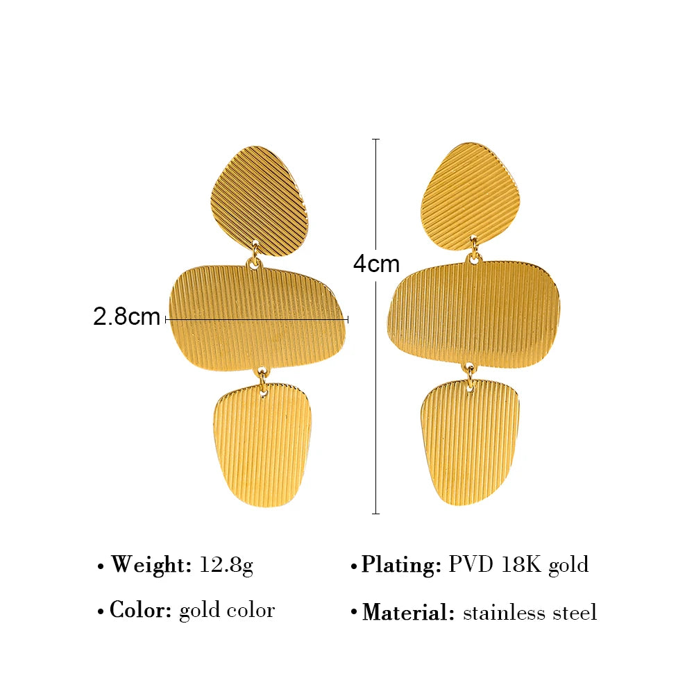YACHAN 18K Gold Plated Stainless Steel Drop Earrings for Women Striped Metal Texture Irregular Dangle Earring Trendy Jewelry