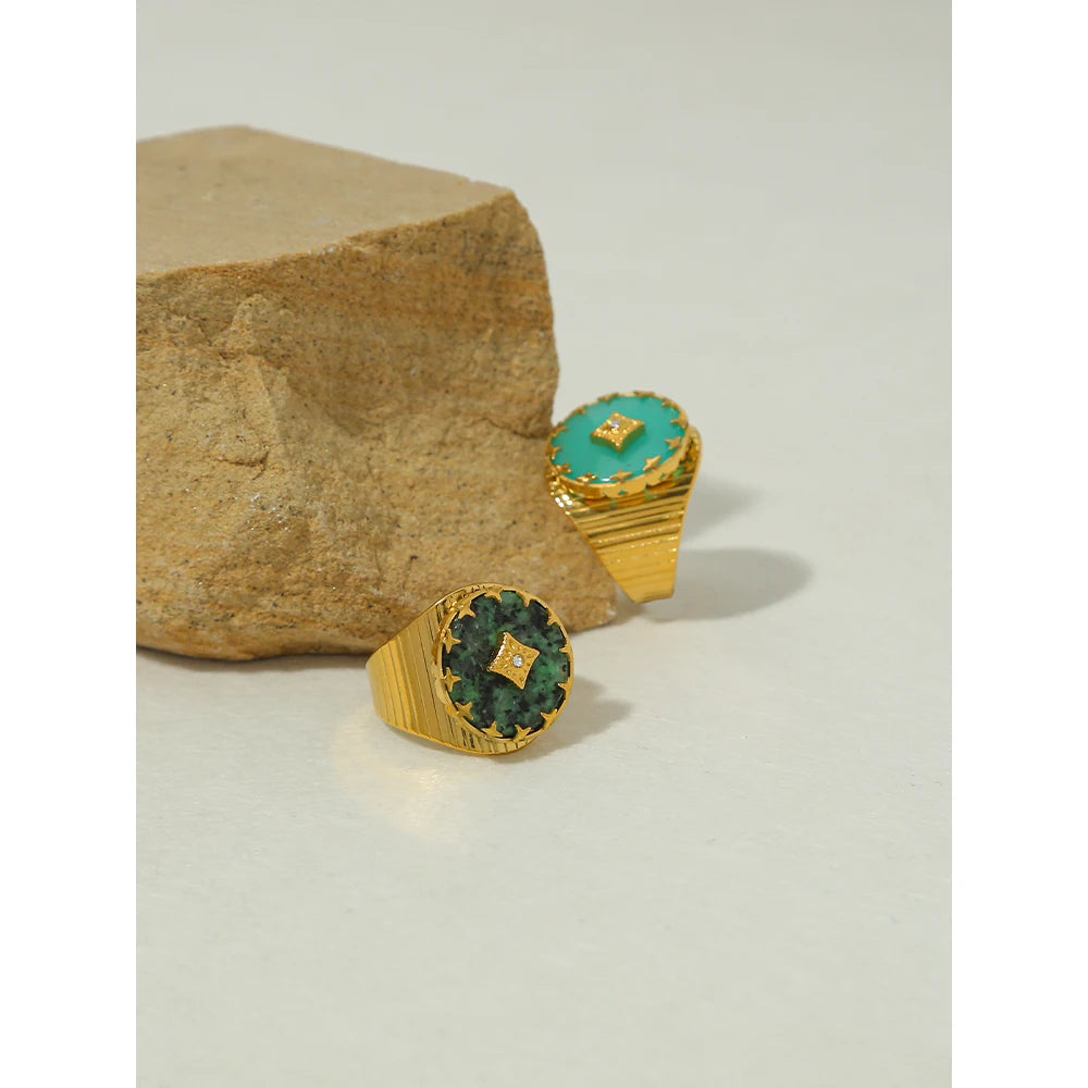 YACHAN 18K Gold-Plated Vintage Stainless Steel Rings for Women Natural Stone African Turquoise Waterproof Trendy Jewelry