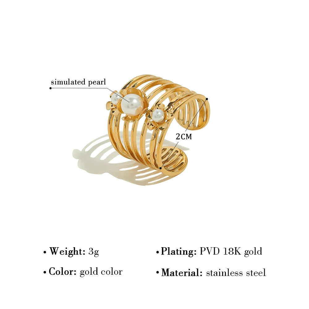 YACHAN 18K Gold Plated Stainless Steel Rings for Women Vintage Luxury Pearl Aesthetic Wide Ring Waterproof Jewelry