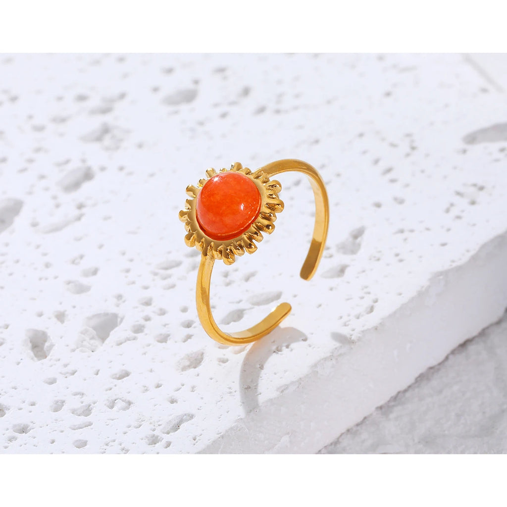 YACHAN Orange Natural Stone Stainless Steel Rings for Women Retro Luxury 18K Gold Plated Jewelry Waterproof