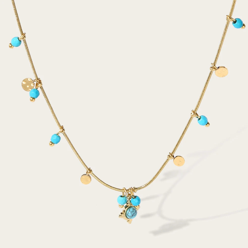 YACHAN Boho Blue Acrylic Bead Layered Necklace for Women Vintage Charms Stainless Steel Jewelry