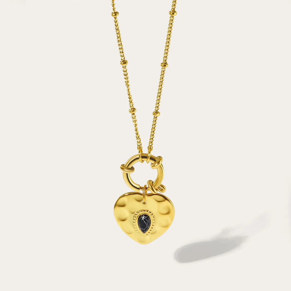 YACHAN Stainless Steel Golden Heart Pendant Necklace Fashion Black Natural Stone Metal Texture Trendy Jewelry for Woman