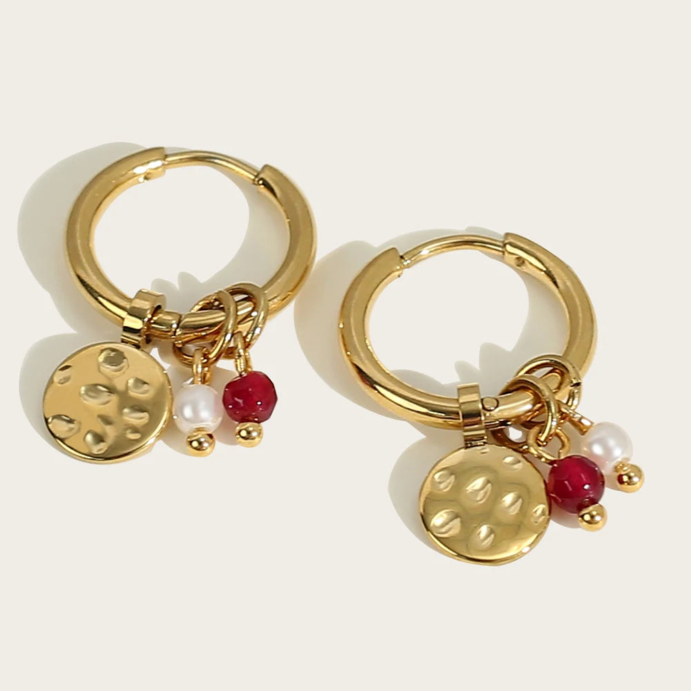 YACHAN 18K Gold Plated Stainless Steel Hoop Earrings for Women Metal Irregular Texture Natural Stone Charms Trendy Jewelry