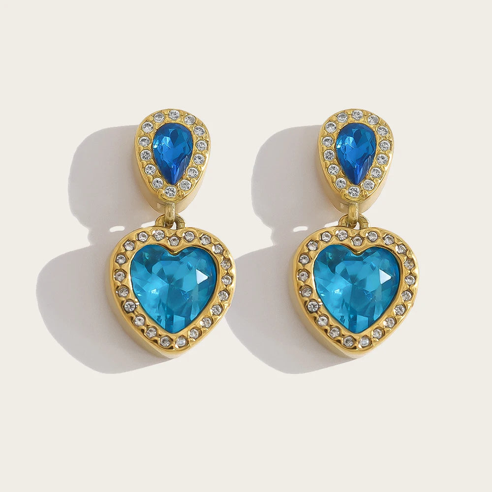 YACHAN Vintage Elegant Blue Crystal Heart Drop Earrings for Women Chic 18K Gold Plated Stainless Steel Trendy Jewelry