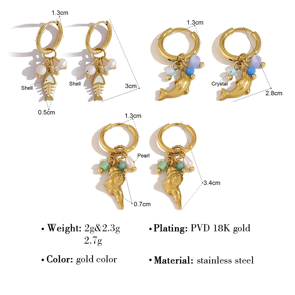 YACHAN Trendy 18K Gold Plated Stainless Steel Ocean Animal Dangle Hoop Earrings for Women Cute Dolphin Charm Beach Jewelry