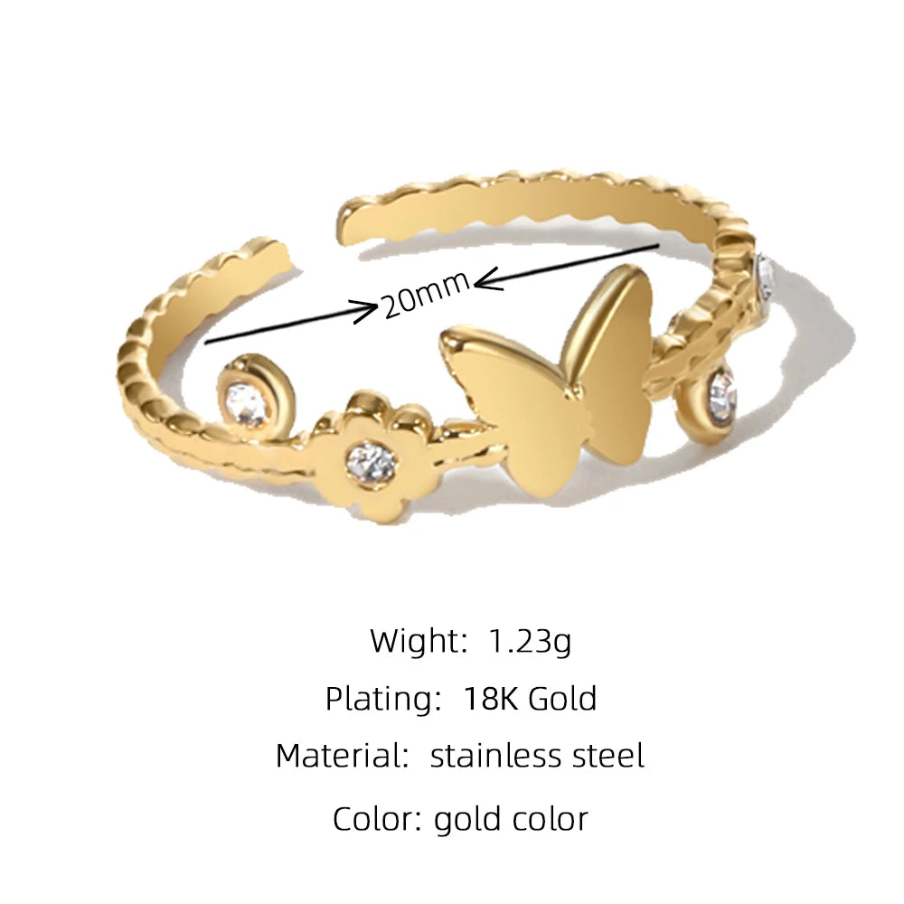 YACHAN Fashion Simple Cute Butterfly Rings for Women Elegant Charm Adjustable Ring Stainless Steel Jewelry