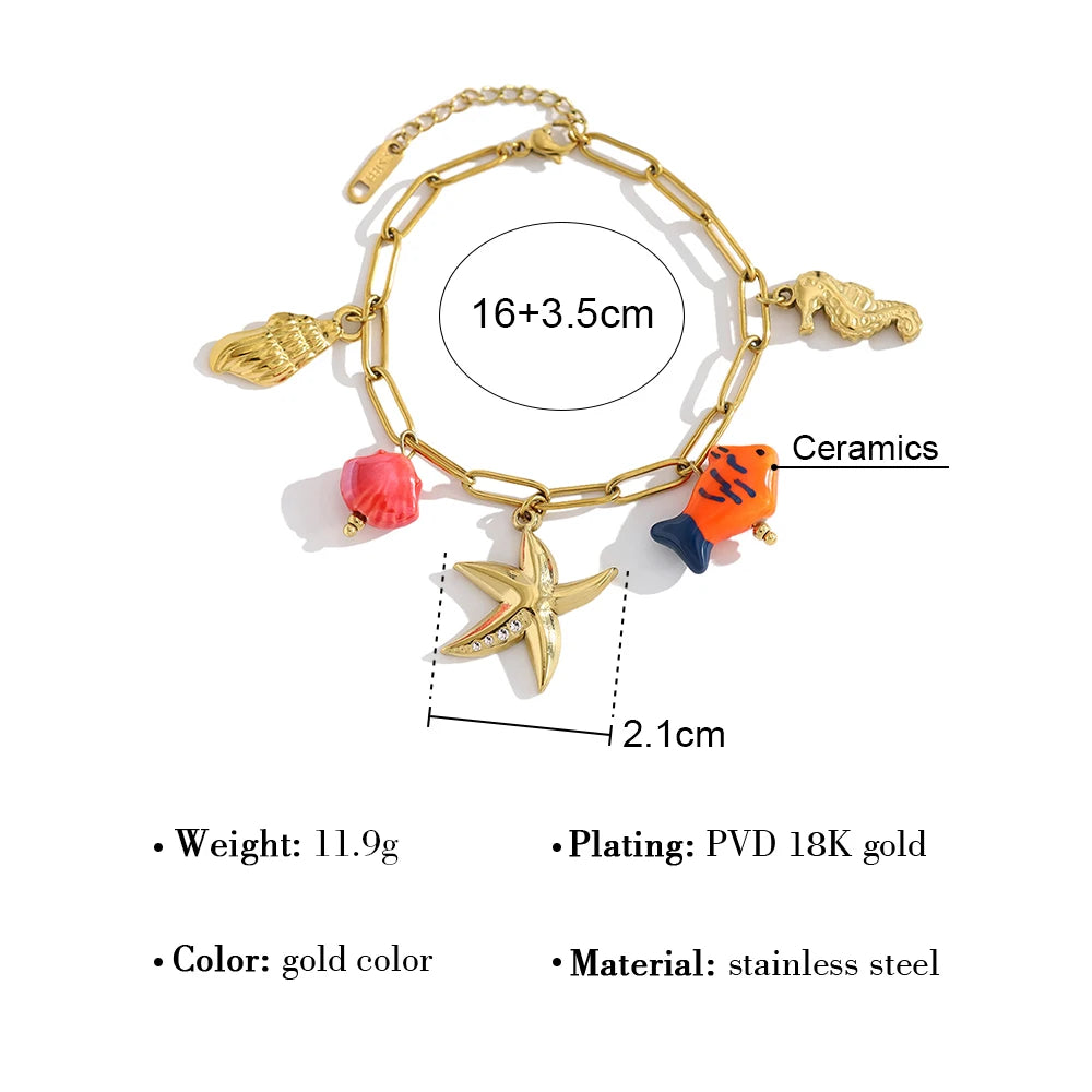 YACHAN Trendy 18K Gold Plated Stainless Steel Charms Chain Bracelet for Women Ocean Beach Vacation Waterproof Jewelry