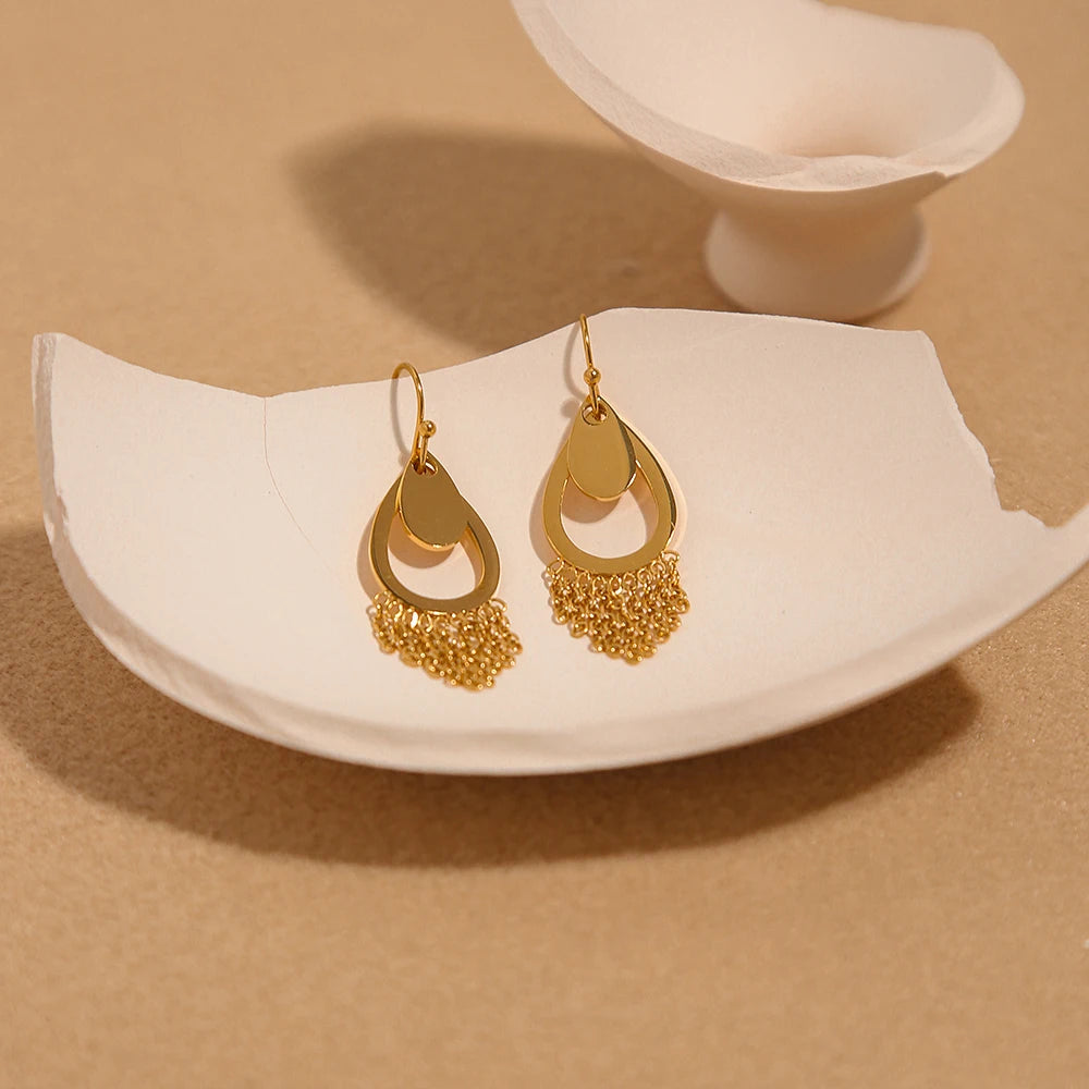 YACHAN 18K Gold Plated Stainless Steel Water Drop Earrings for Women Elegant Chains Tassel Dangle Earring Trendy Jewelry Gift