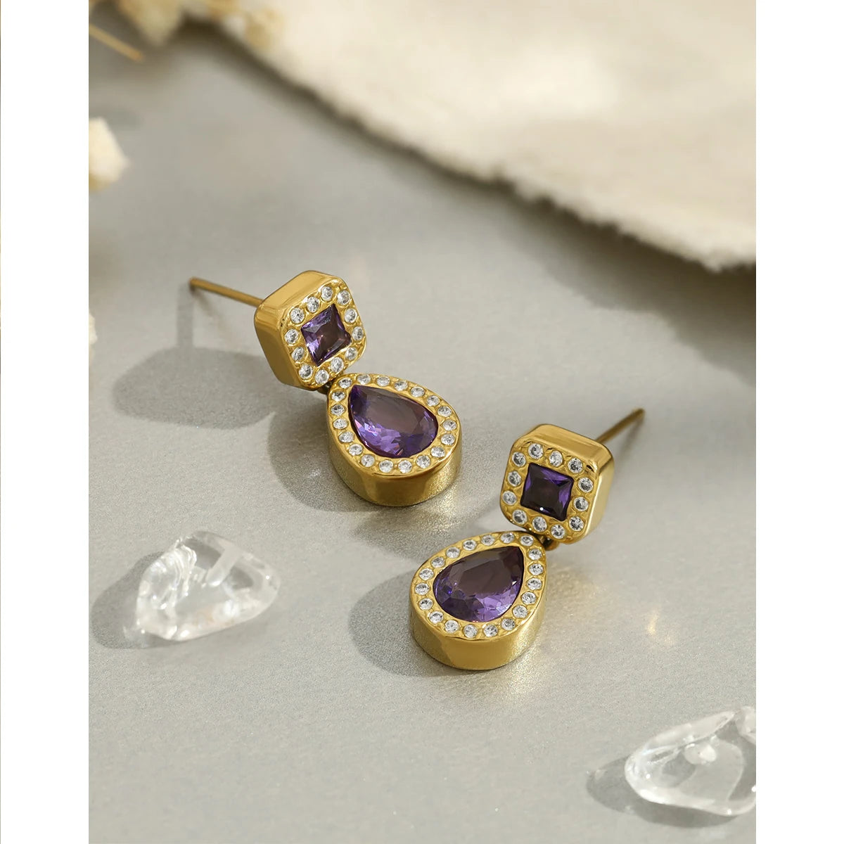 YACHAN 18K Gold Plated Luxury Stainless Steel Drop Earrings for Women Chic Purple Crystal Dangle Earring Trendy Jewelry