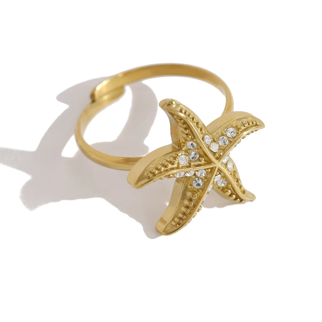 YACHAN 18K Gold Plated Starfish Rings for Women Waterproof Stainless Steel Adjustable Open Ring Ocean Beach Trendy Jewelry
