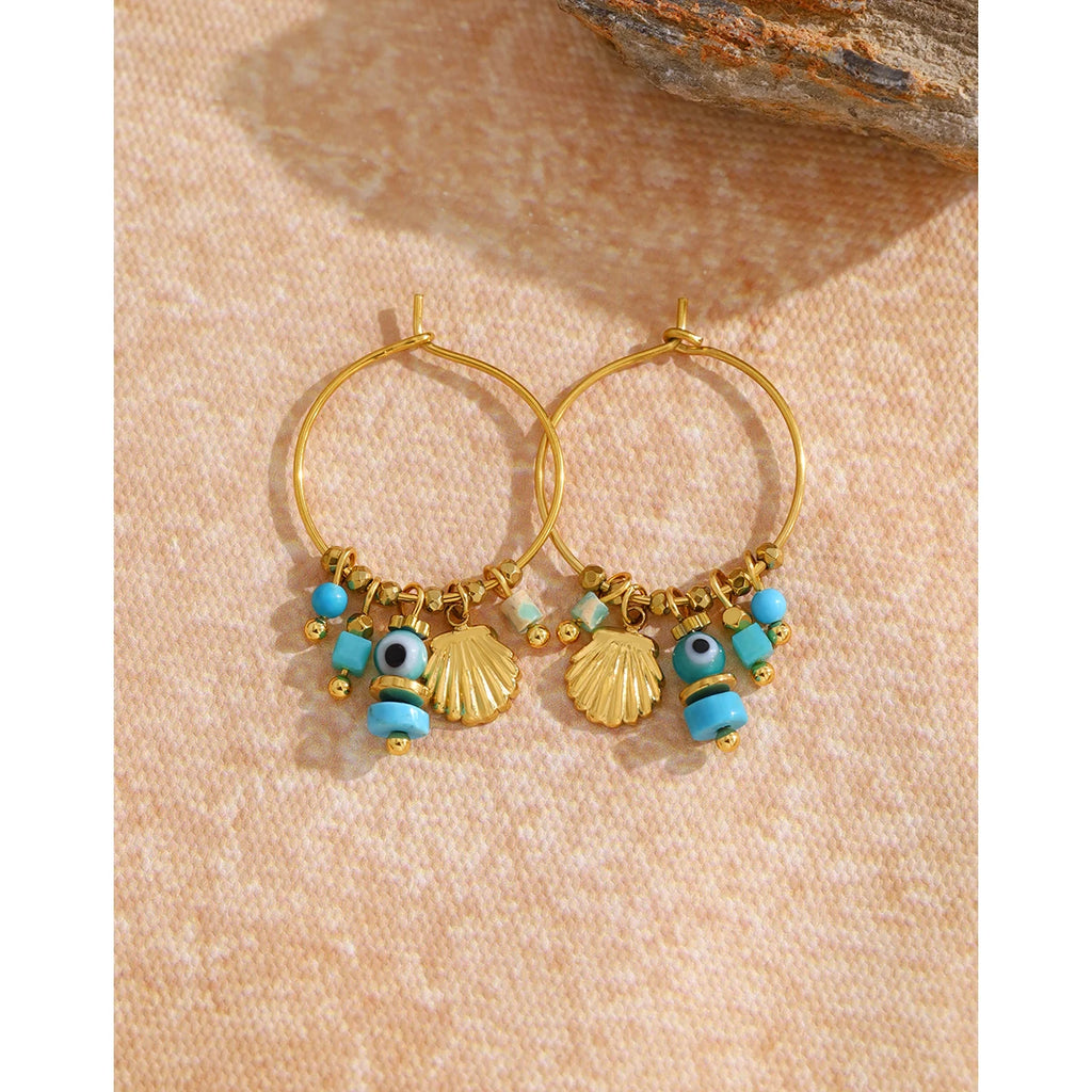 YACHAN Vintage Blue Stone Stainless Steel Hoop Earrings for Women Chic Charms Exquisite 18K Gold Plated Jewelry