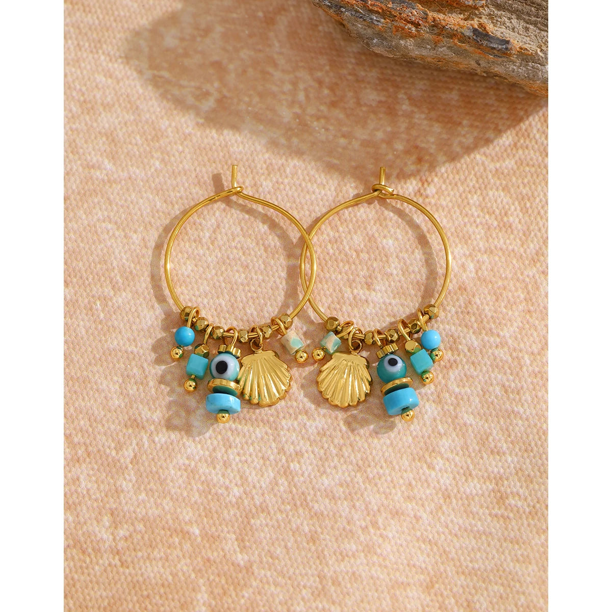 YACHAN Vintage Blue Stone Stainless Steel Hoop Earrings for Women Chic Charms Exquisite 18K Gold Plated Jewelry