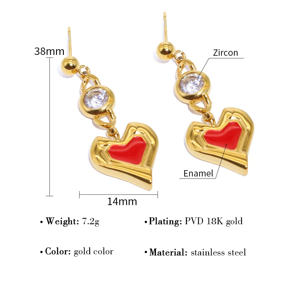 YACHAN Stainless Steel Drop Earrings for Women Luxury Zircon Crystal Red Enamel Piercing Earring Jewelry
