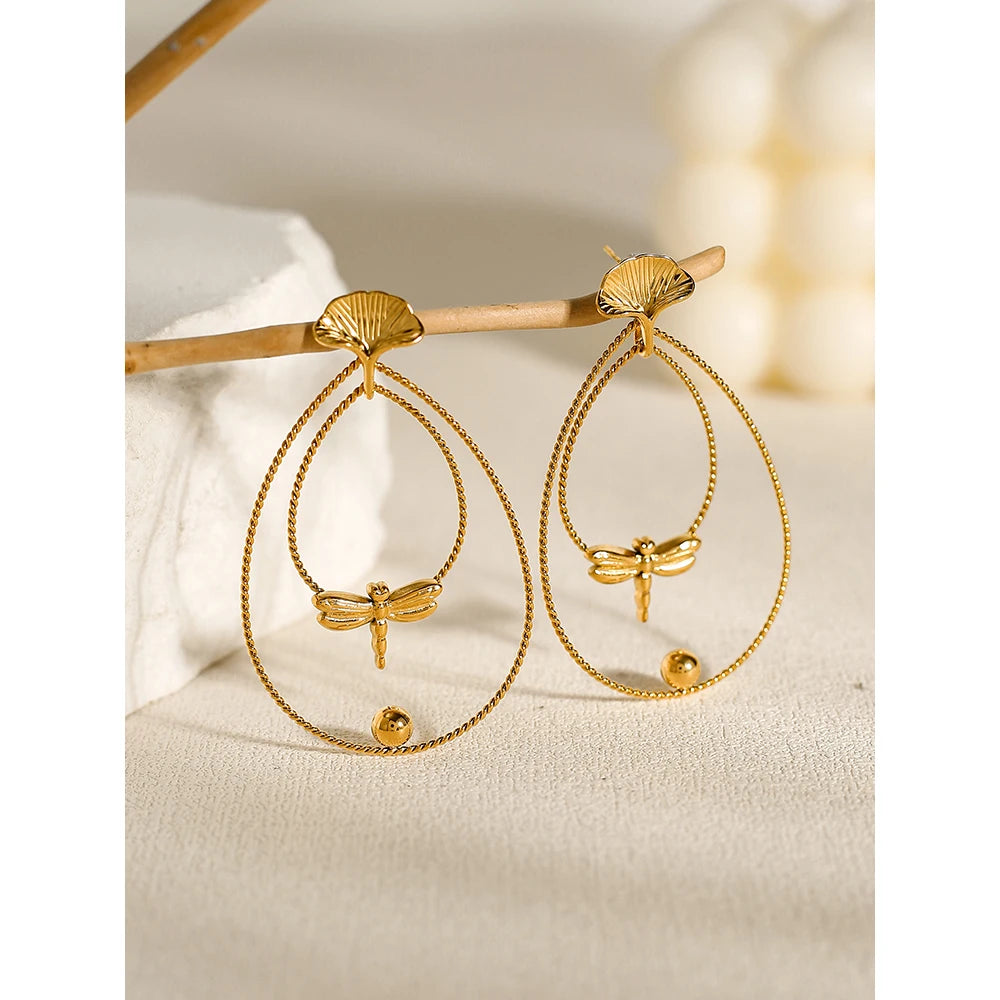 YACHAN 18K Gold Plated Stainless Steel Earrings for Women Creative Dragonfly Ginkgo Leaf Drop Earrings Trendy Jewelry