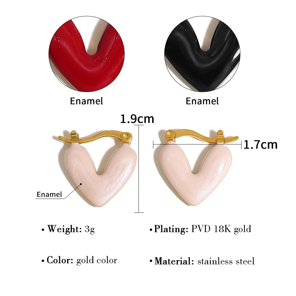 YACHAN New in Stainless Steel Heart Hoop Earrings for Women Pink Black Red Enamel Vintage Chic Waterproof Jewelry