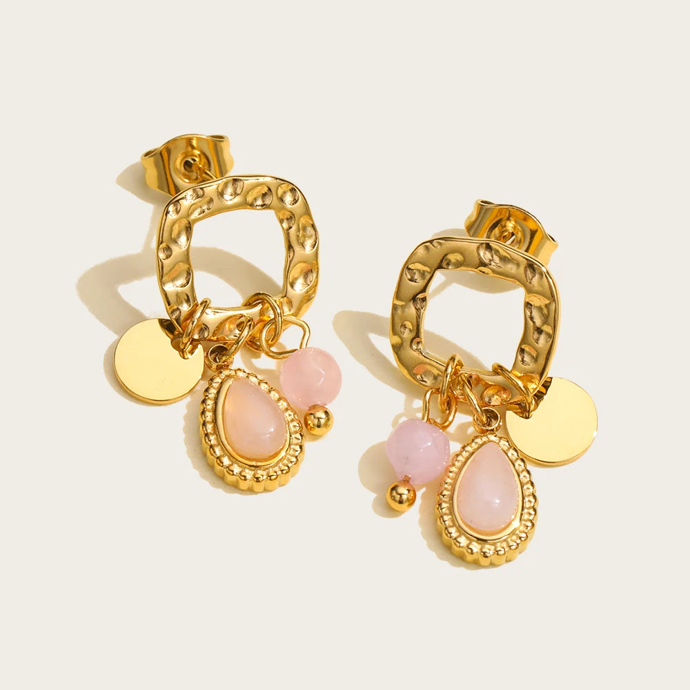YACHAN 18K Gold Plated Stainless Steel Natural Stone Drop Earrings for Women Chic Cute Pink Charms Tarnish Free Jewelry