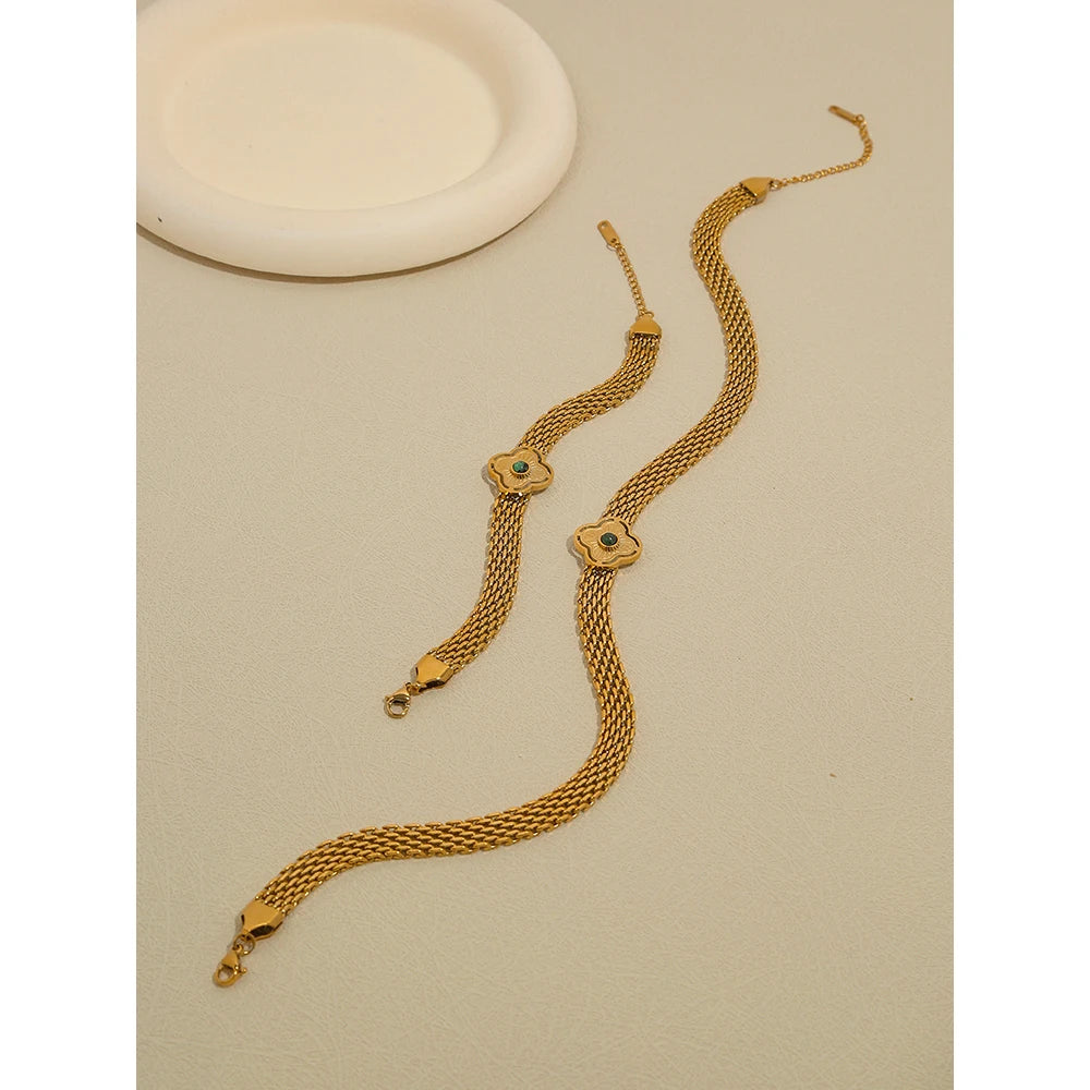 YACHAN 18K Plated Gold Stainless Steel Coarse Chains Necklace for Women Flowers Natural Stone Chain Bracelet Necklaces Jewelry