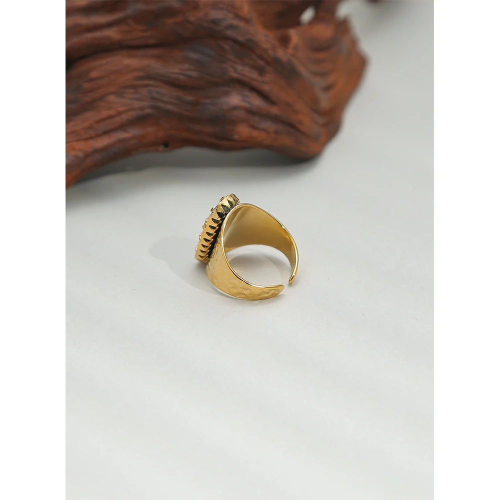 YACHAN Stainless Steel Wide Rings for Women 18 K Gold Plated Tap Metal Texture Natural Stone Wide Ring Trendy Jewelry Gift