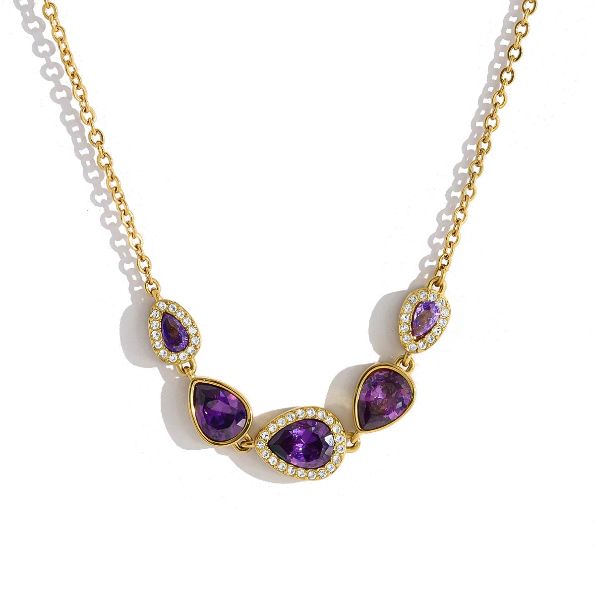 YACHAN Luxury Purple Zircon Crystal Stainless Steel Necklaces for Women Chic Vintage 18K Gold Plated Trendy Waterproof Jewelry