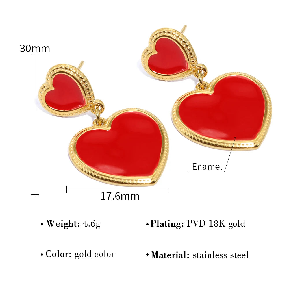 YACHAN Red Enamel Heart Stainless Steel Drop Earrings for Women Chic 18K Gold Plated Dangle Earring Waterproof Jewelry