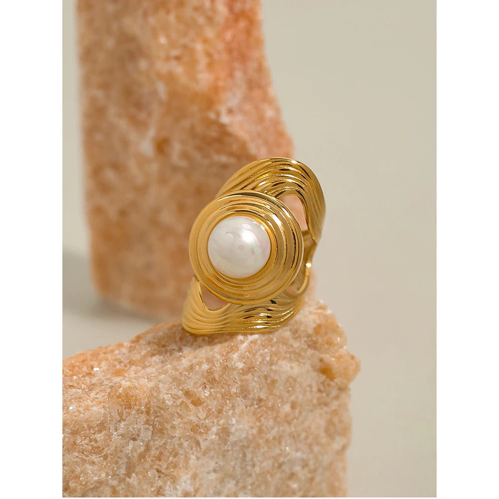 YACHAN Statement Stainless Steel Wide Rings for Women 18 K Gold Plated Natural Stone Metal Texture Ring Trendy Jewelry Gift
