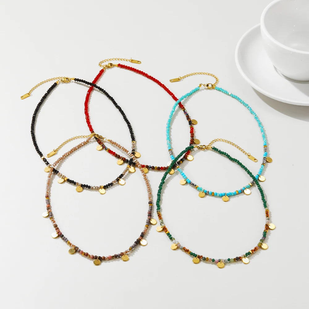YACHAN Bohemia Colorful Acrylic Beaded Necklace for Women Handmade Bead Stainless Steel round Pendant Necklaces Trendy Jewelry
