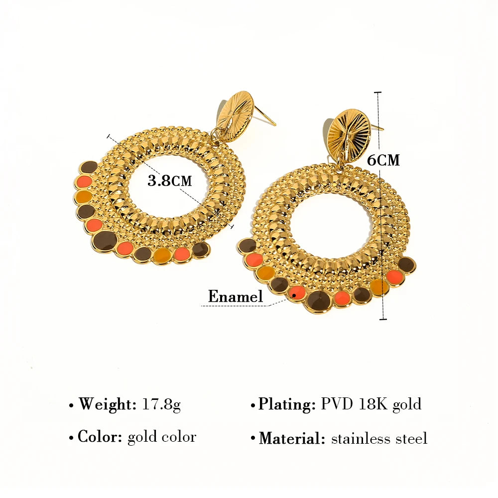 YACHAN PVD 18K Gold-Plated Stainless Steel Drop Earrings for Women Geometric Metal Texture Enamel Trendy Jewelry
