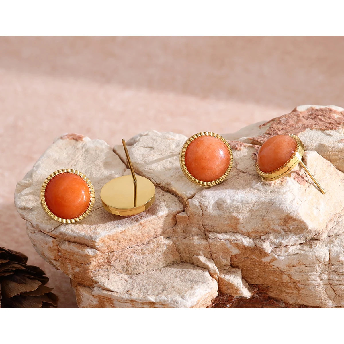 YACHAN Minimalist Geometric round Small Stud Earrings for Women Luxury Vintage Orange Natural Stone Stainless Steel Jewelry