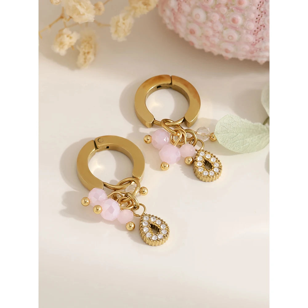 YACHAN Pink Natural Stone Charms Stainless Steel Hoop Earrings for Women Chic 18K Gold Plated Dangle Earring Trendy Jewelry
