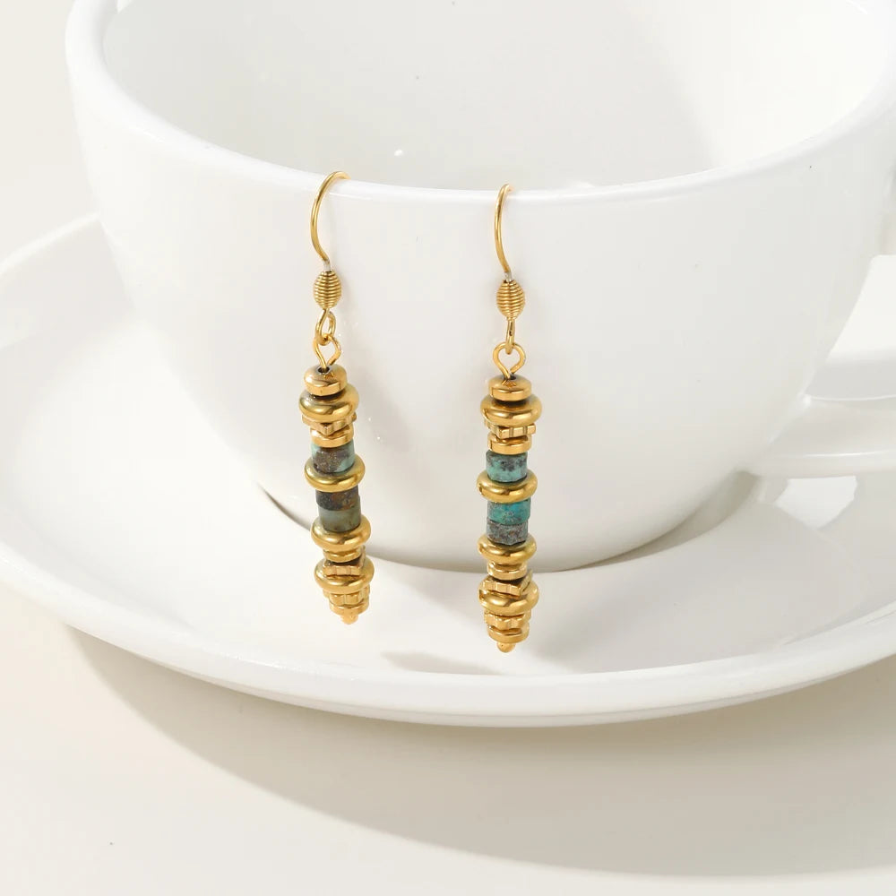 YACHAN 18K Gold Plated Stainless Steel Long Drop Earrings for Women Green Natural Stone Charms Ear Hook Earring Trendy Jewelry