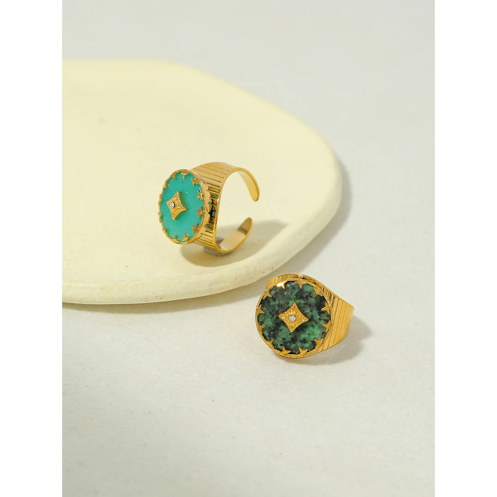 YACHAN 18K Gold-Plated Vintage Stainless Steel Rings for Women Natural Stone African Turquoise Waterproof Trendy Jewelry