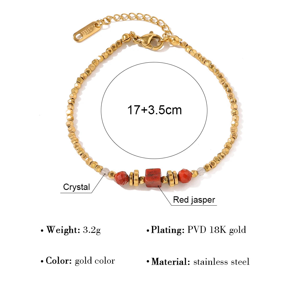 YACHAN 18K Gold Plated Stainless Steel Beaded Bracelet for Women Vintage Luxury Red Natural Stone Jewelry Waterproof