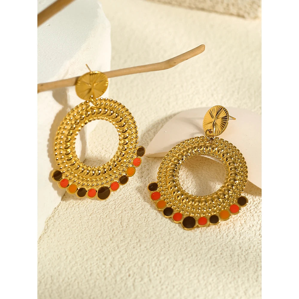 YACHAN PVD 18K Gold-Plated Stainless Steel Drop Earrings for Women Geometric Metal Texture Enamel Trendy Jewelry