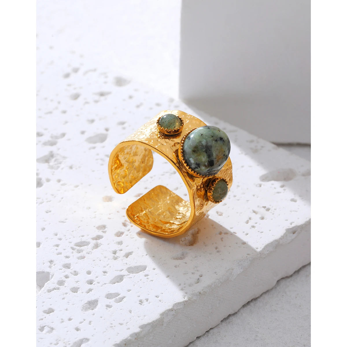 YACHAN 18K Gold Plated Stainless Steel Rings for Women Vintage Luxury Green Natural Stone Irregular Texture Trendy Jewelry