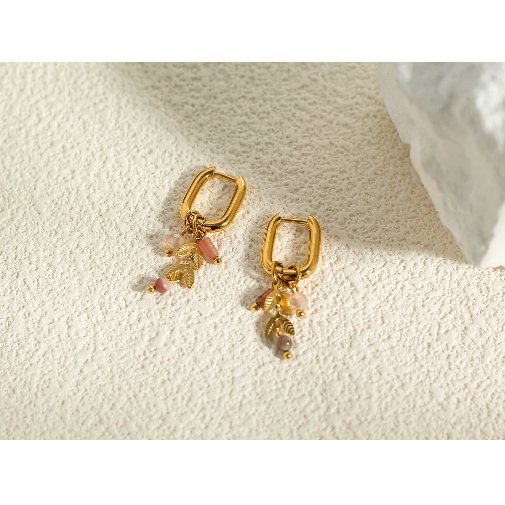 YACHAN New in 18K Gold Plated Stainless Steel Hoop Earrings for Women Cute Pink Crystal Natural Stone Charms Trendy Jewelry