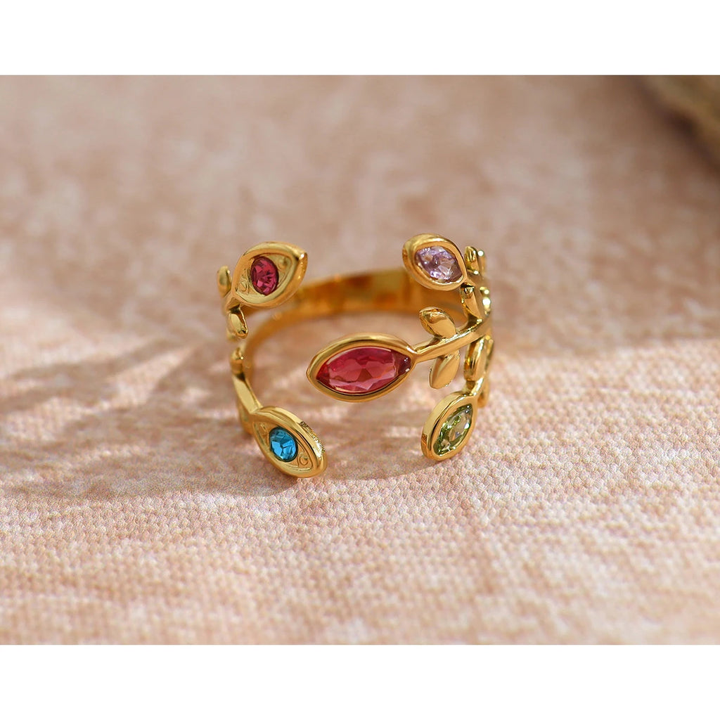 YACHAN Luxury Colorful Crystal Stainless Steel Ring for Women Chic 18K Gold Plated Trendy Jewelry Waterproof