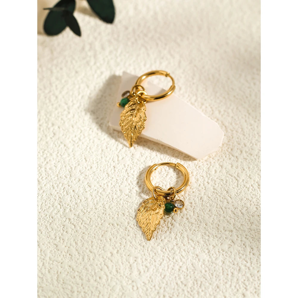 YACHAN 18K Gold Plated Stainless Steel Hoop Earrings for Women Metal Leaf Crystal Pendants Earring Waterproof Jewelry