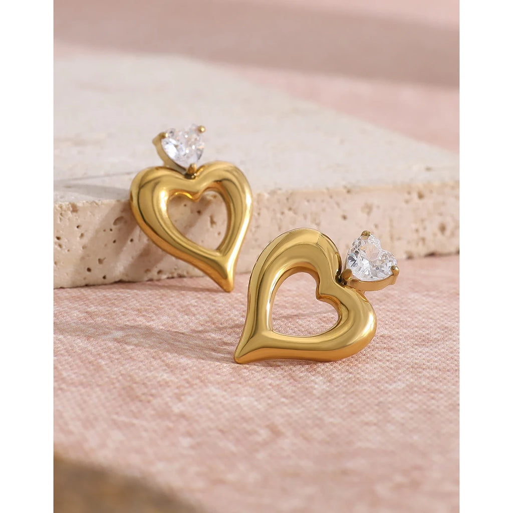 YACHAN Luxury Zircon Love Heart Stainless Steel Earrings for Women Chic 18K Gold Plated Waterproof Trendy Jewelry