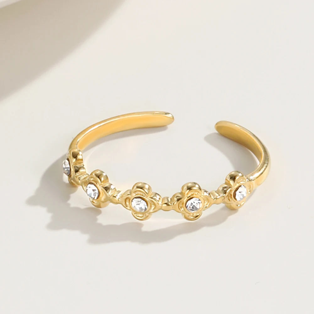 YACHAN Classic Minimalist Floral Zircon Rings for Women Fashion Stainless Steel High Quality Wedding Jewelry