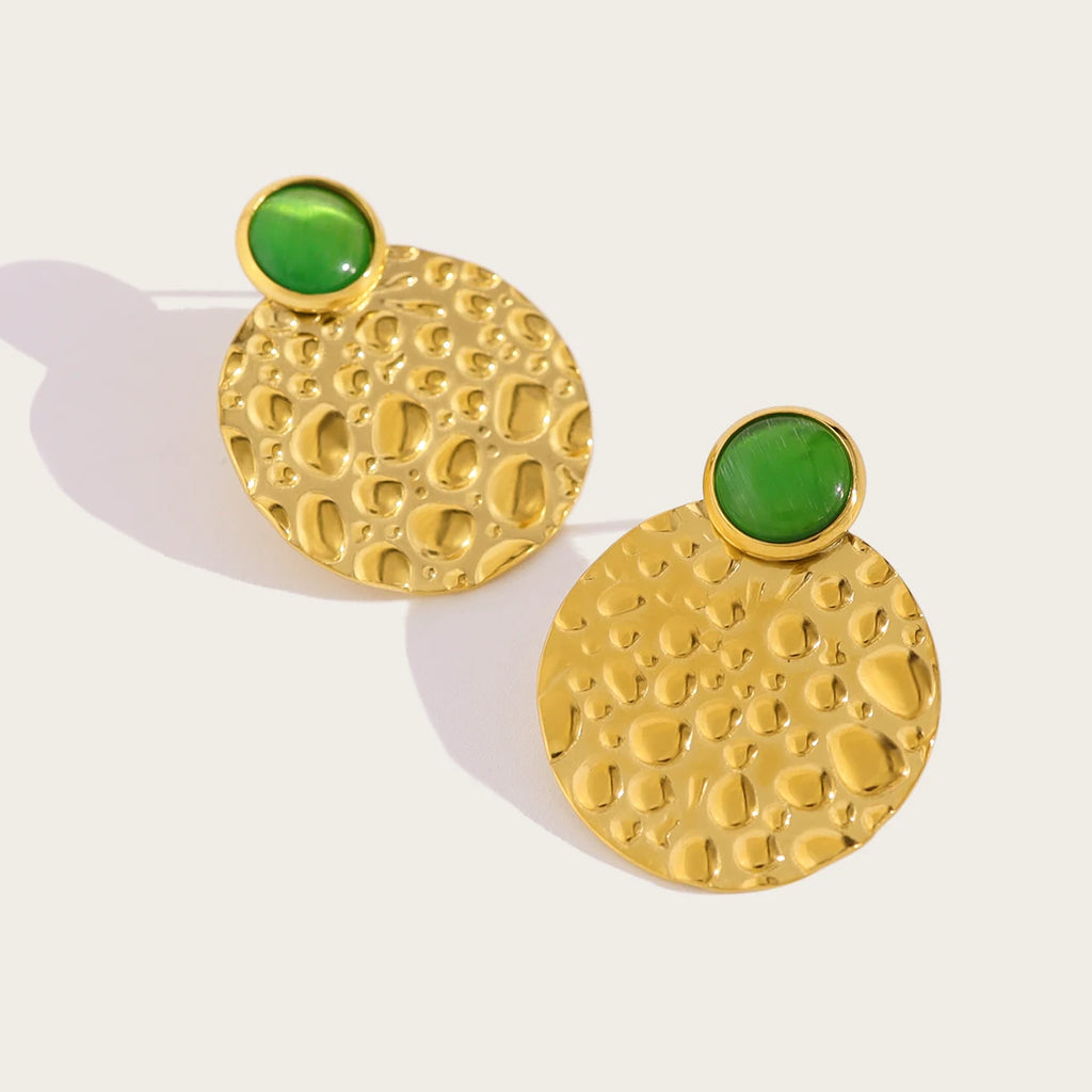 YACHAN Luxury Green Opal Stainless Steel Stud Earrings for Women with Irregular Metal Texture Chic Trendy Jewelry