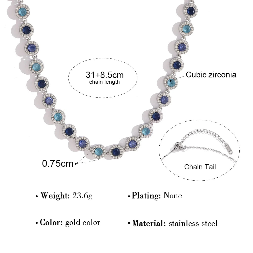 YACHAN Vintage Luxury Blue CZ Stainless Steel Necklace for Women Waterproof Sweatproof Hypoallergenic Trendy Jewelry