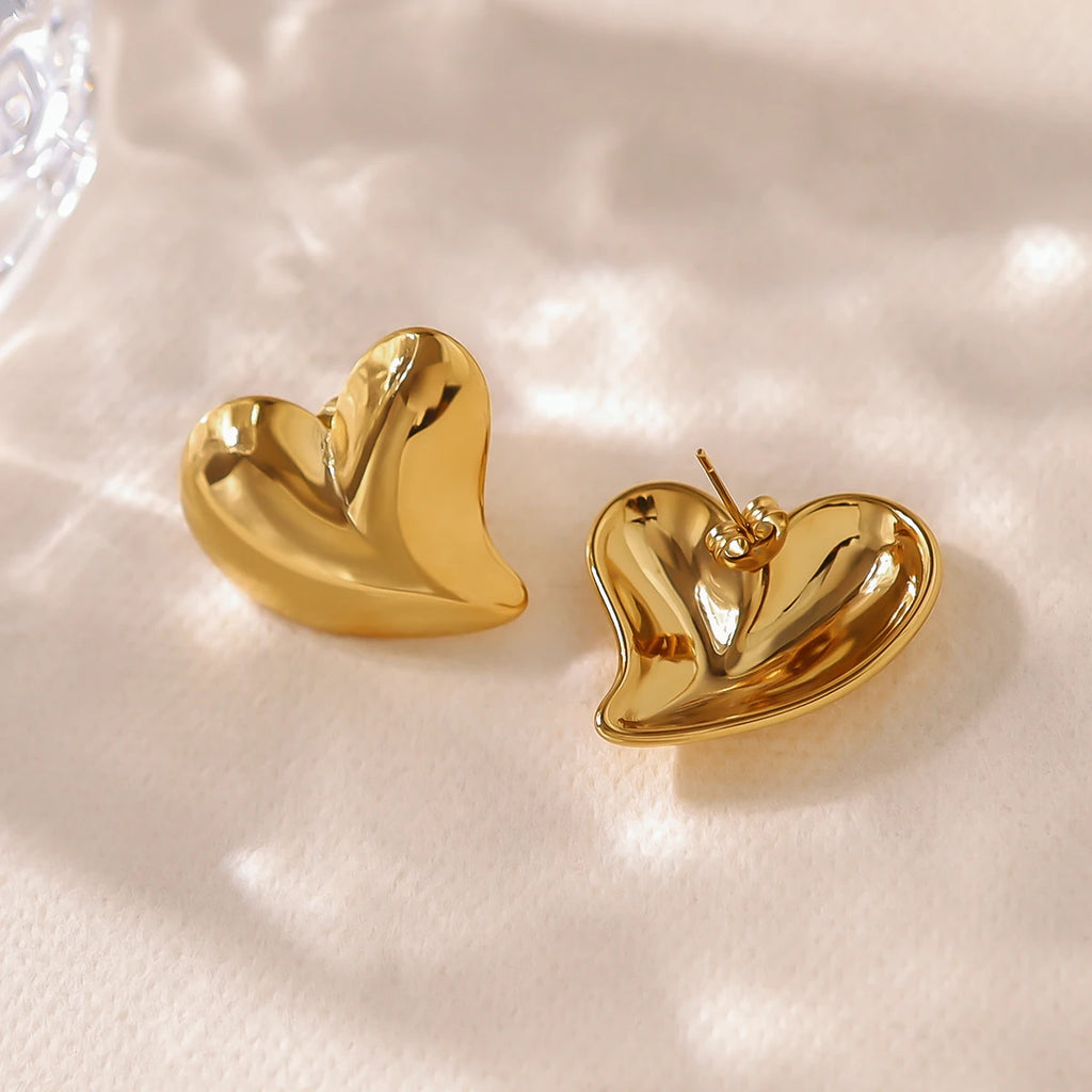 YACHAN Trendy Asymmetric Heart Stud Earrings for Women 18K Gold Plated Glossy Stainless Steel Jewelry