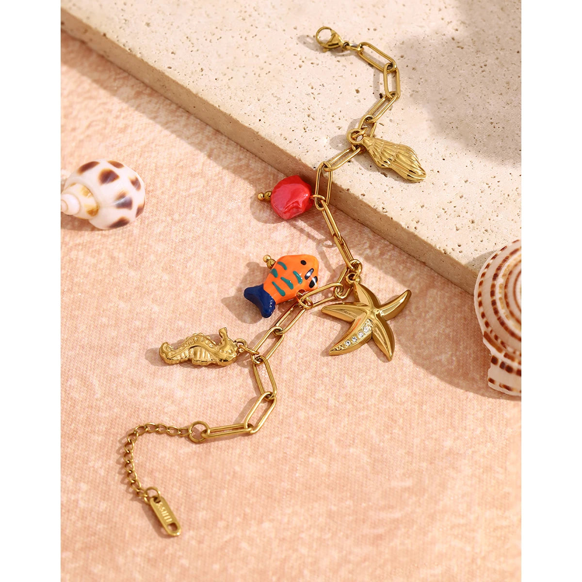 YACHAN Trendy 18K Gold Plated Stainless Steel Charms Chain Bracelet for Women Ocean Beach Vacation Waterproof Jewelry