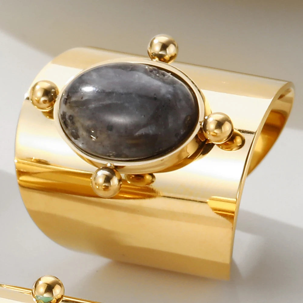 YACHAN Water Proof Stainless Steel Glossy Ring for Women Green Natural Stone Opening Gold Plated Rope Rings Trendy Jewelry Gift
