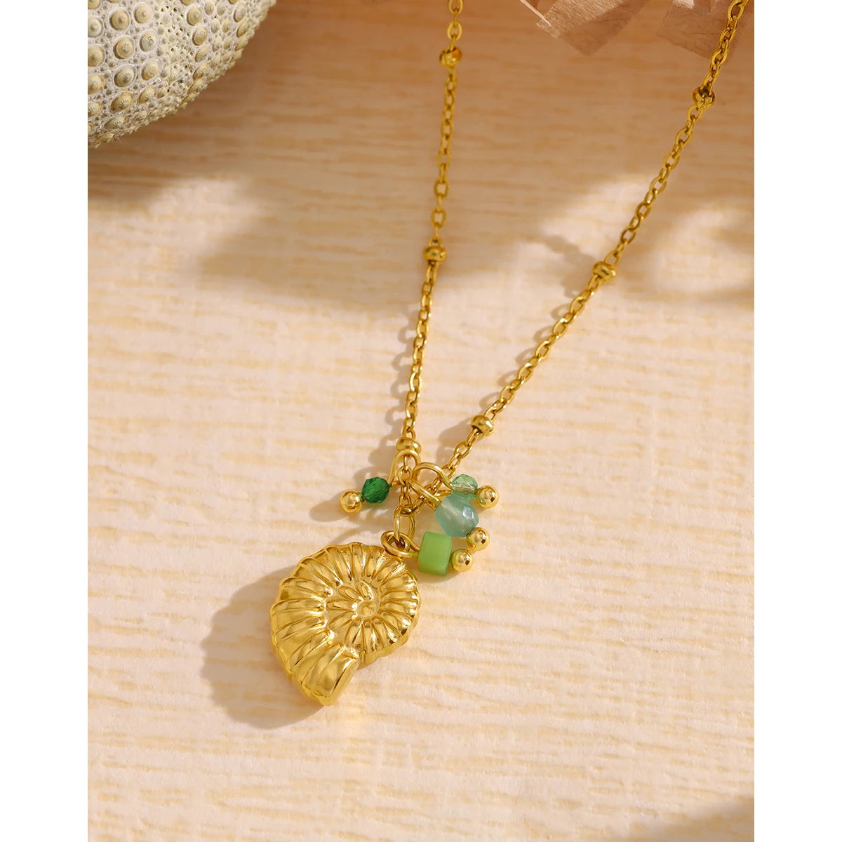 YACHAN Stainless Steel Conch Pendant Necklace for Women Exquisite Green Charms 18K Gold Plated Waterproof Jewelry