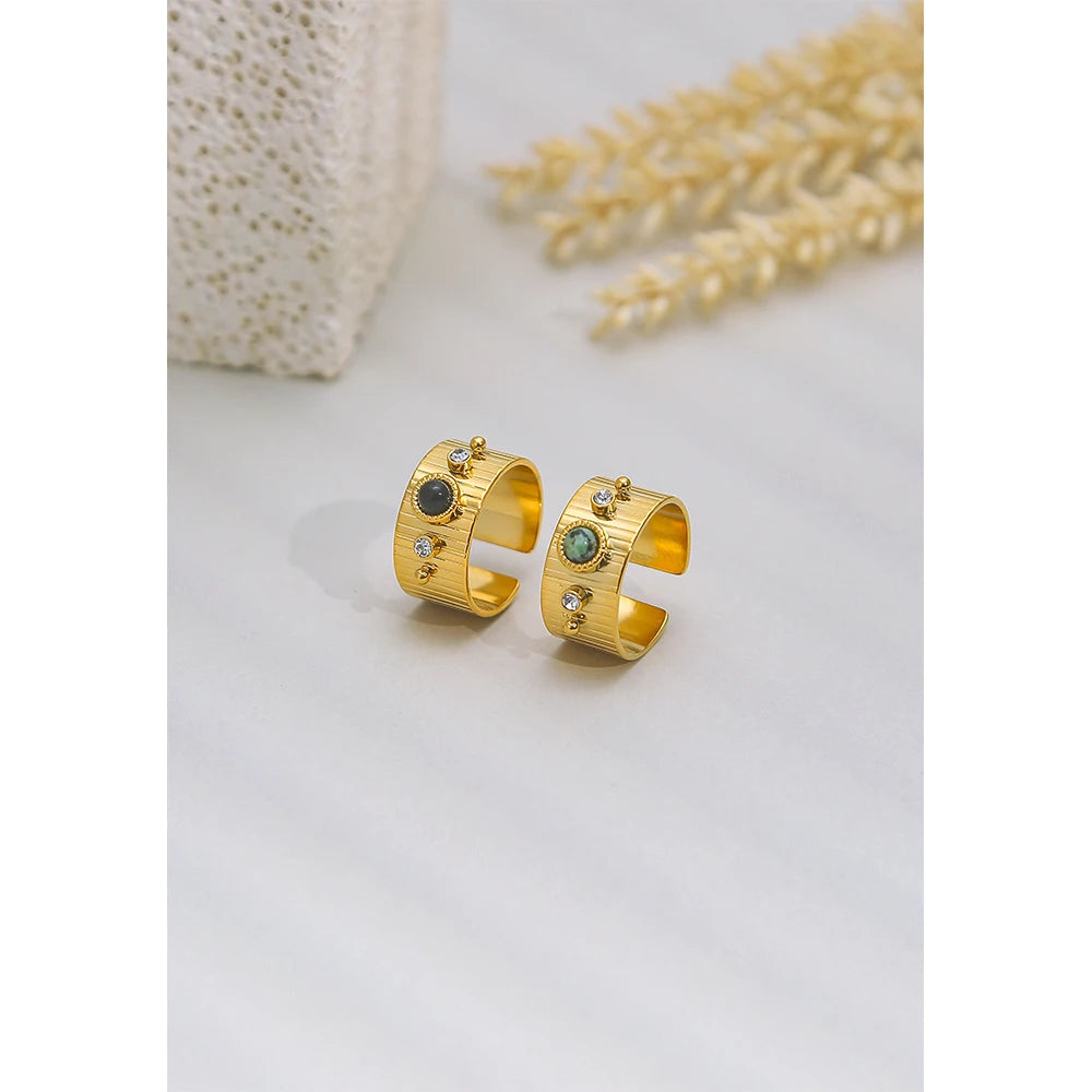 YACHAN Stainless Steel 18 K Gold Plated Wide Rings for Women Green Natural Stone Crystal Finger Open Ring Trendy Jewelry Gift
